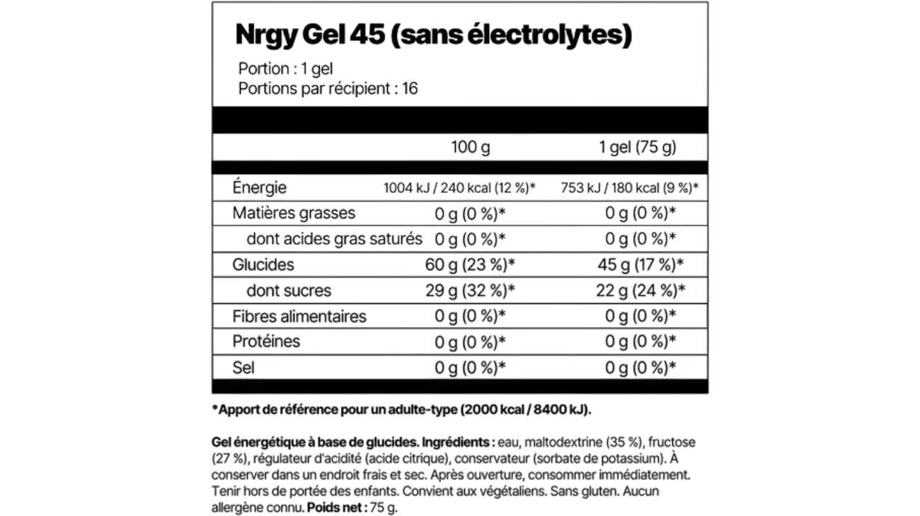 Nduranz Nrgy Gel 45 Sans Électrolytes 75G – Gel énergétique endurance | LES ÉQUIPIERS
