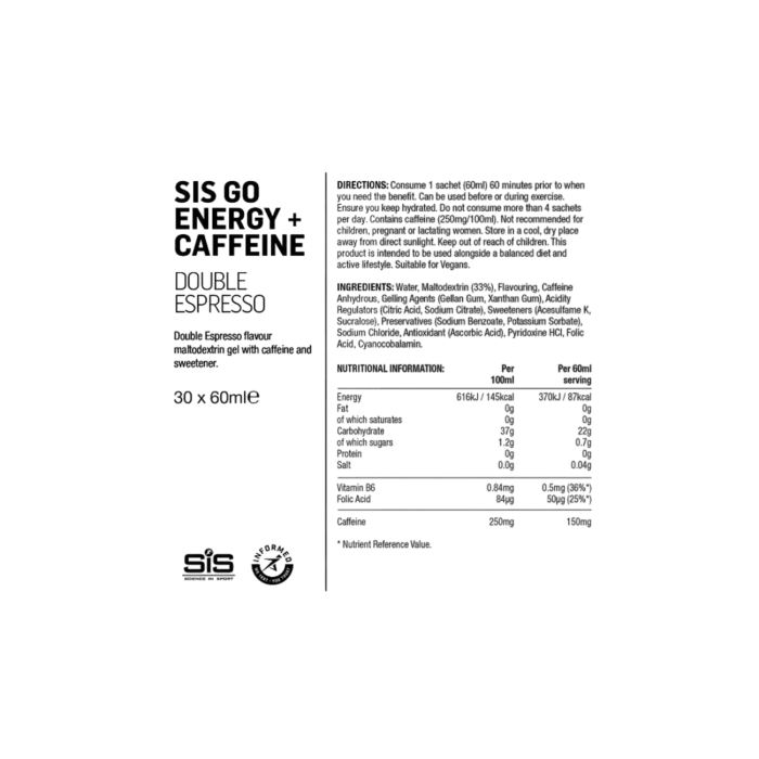 SiS GO Energy + Caffeine Gels – Gel énergétique cyclisme 150 mg caféine