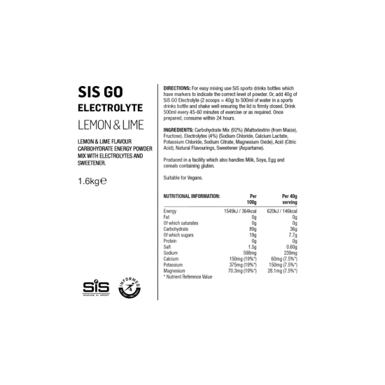 SiS GO Electrolyte 1.6kg – Boisson isotonique cyclisme glucides + électrolytes