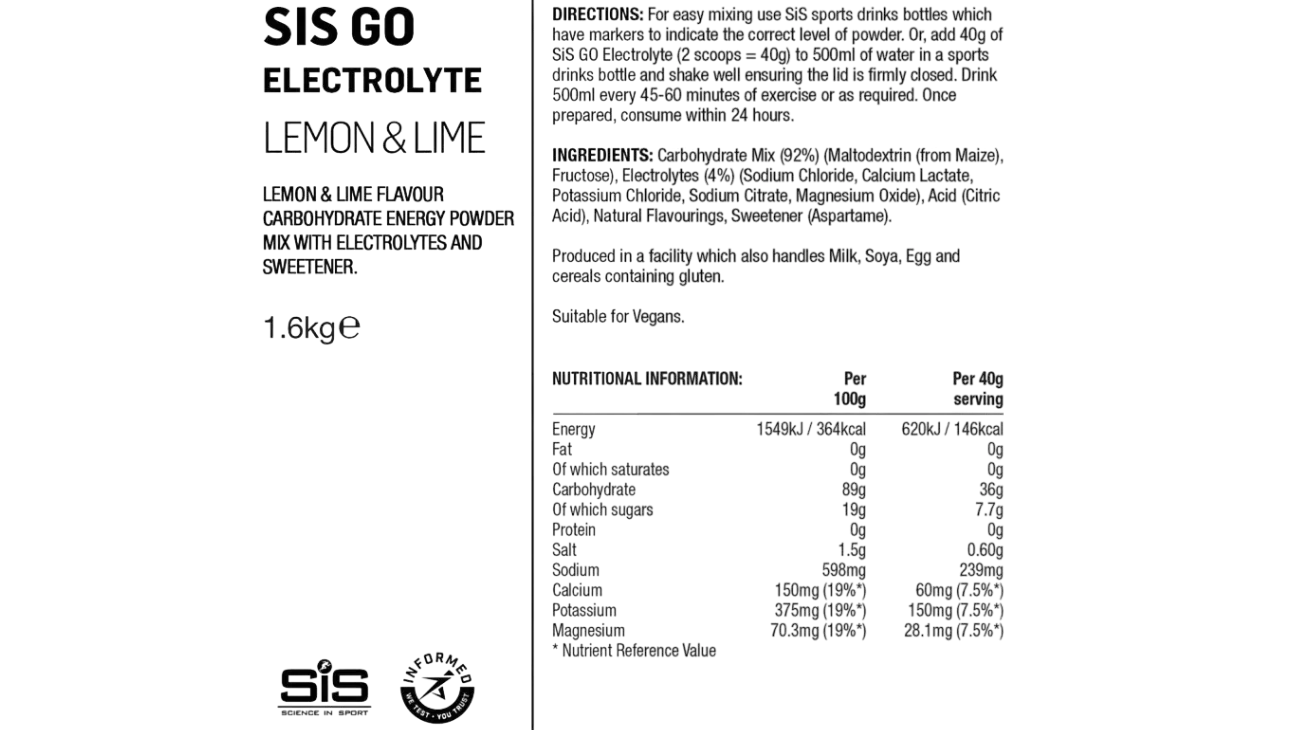 SiS GO Electrolyte 1.6kg – Boisson isotonique cyclisme glucides + électrolytes
