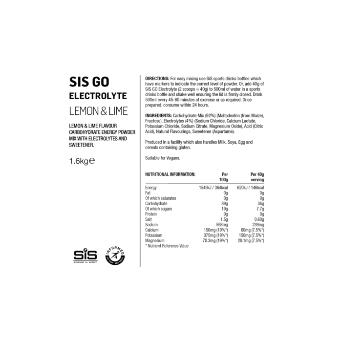 SiS GO Electrolyte 1.6kg – Boisson isotonique cyclisme glucides + électrolytes
